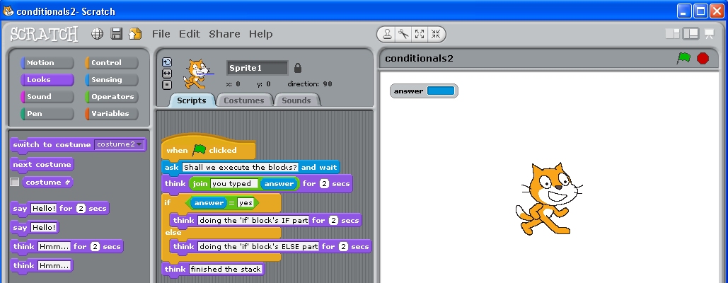 simple 'if ... else ...' statement stack in Scratch.