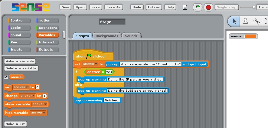 simple 'if ... else ...' statement stack in Scratch.