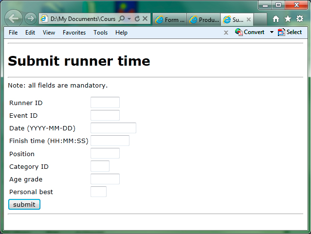 Form to submit a new runner time
